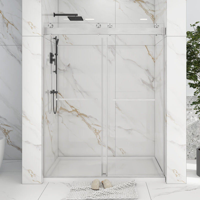 60" Frameless Sliding Glass Shower Door with Nickel Finish