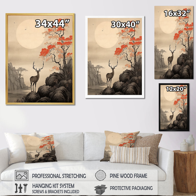 Bustleton Asian Art Deer Sumi, reproduction d'art sur toile, H 32 po x l 16 po x P 1 po, Cadre flottant blanc