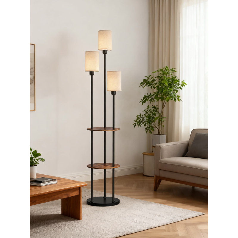 Lampe sur pied à 3 niveaux avec abat-jour en lin, lampe sur pied moderne avec tablettes de rangement et interrupteur au pied, éclairage multi-têtes pour le salon, la chambre à coucher et le bureau