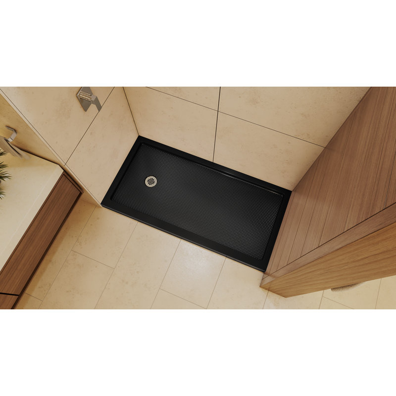 DreamLine SlimLine 32 inch D x 60 inch W x 2 3/4 inch H Single Threshold Black Alcove Shower Base with 2 inch Polished Nickel Left Round Drain