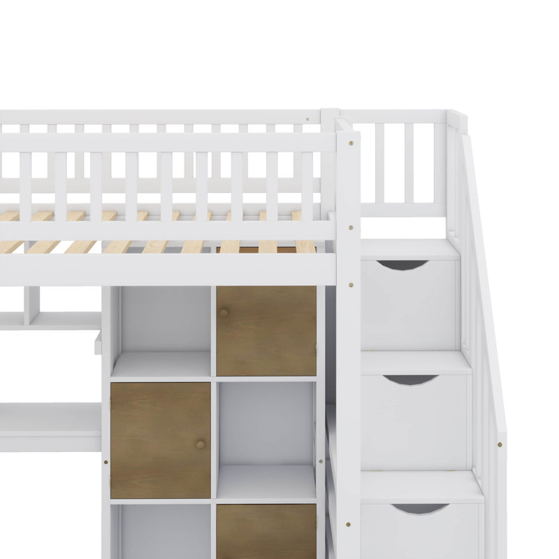 Lit surélevé en bois pour lit simple avec bureau, éclairage à DEL, supports de rangement et armoires, Blanc