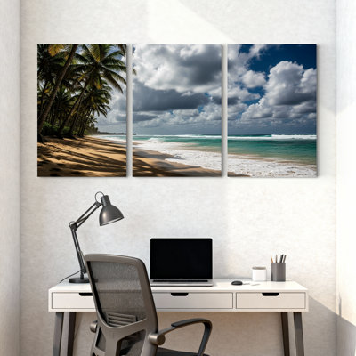 Palmiers, plage tropicale, palmiers, vagues océan, ciel, nuages, sable, ensemble de 3 impressions sur toile