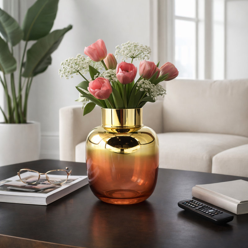 Elegant Round Glass Vase with Glossy Finish for Home Decor - Decorative Tall Flower Vase Accent for Living Room, or Table Styling - 10", Pink & Gold