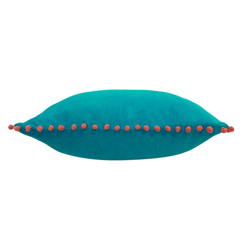 Velvet Pompom Velvet Pom Pom Feather Filled Cushion, Teal