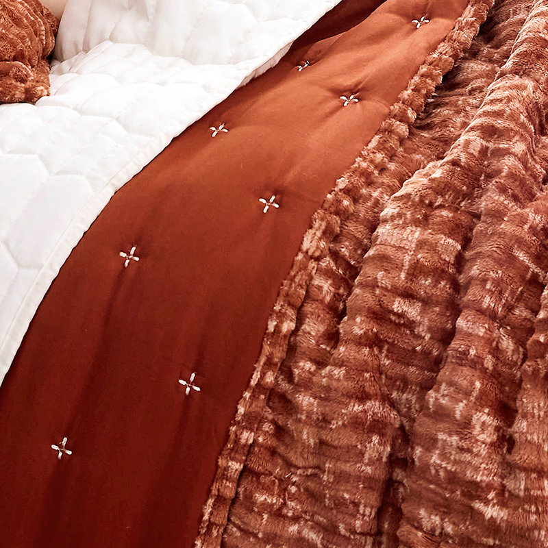Burnt Orange Velvet Full Quilt Set with Embroidery