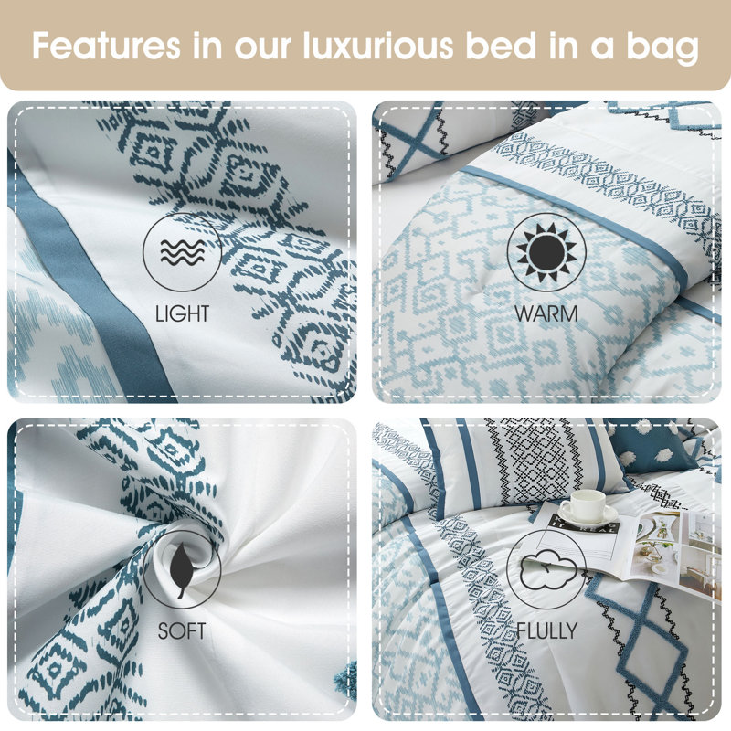 California King Blue and White Geometric Microfiber Comforter Set
