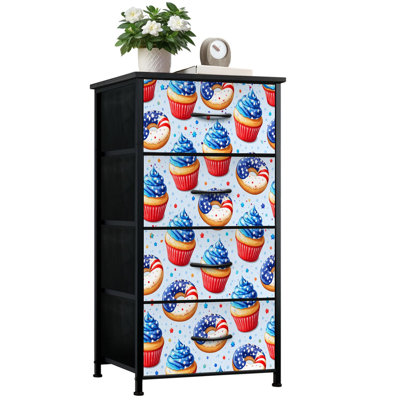 Commode de rangement verticale 4 tiroirs Patriotique drapeau américain Donuts Cupcakes rouge blanc bleu étoiles avec tiroirs en bois
