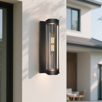 Alvime 14.75" Modern Industrial Cylindrical Black Outdoor Wall Sconce with High Strength Clear Glass