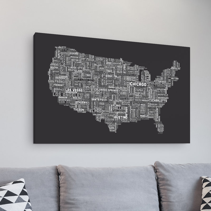 « us villes text map iii », art textuel sur toile tendue, 16 po x 24 po