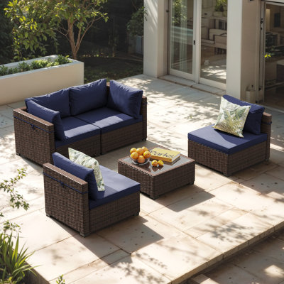 5-Piece Wicker Patio Conversation Sets with Coffee Table and Cushions, Navy Blue