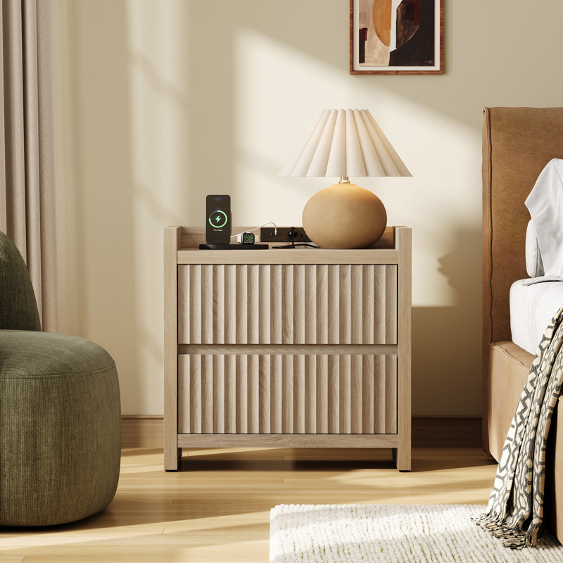 Allete Modern Fluted 2-Drawer Nightstand With Charging Station, Caramel Oak
