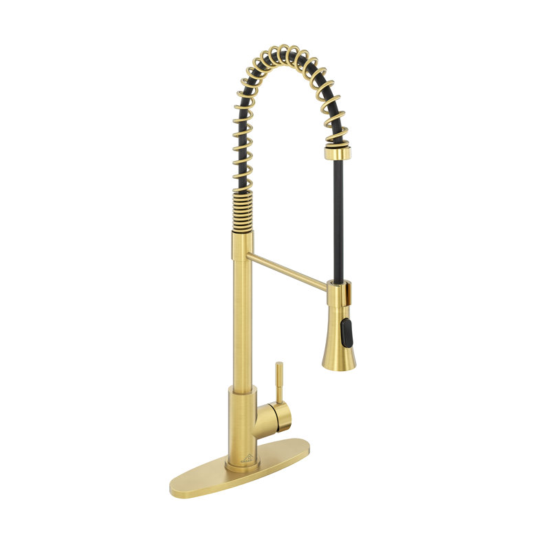 Spring Pull Down Sprayer Kitchen Faucet with Dual-Function Spray Head and Deck Plate, Brushed Gold