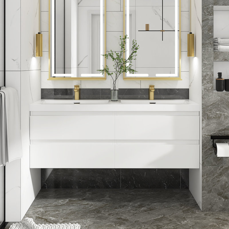 Meuble-lavabo double 60 po avec plateau en résine Zye, Blanc