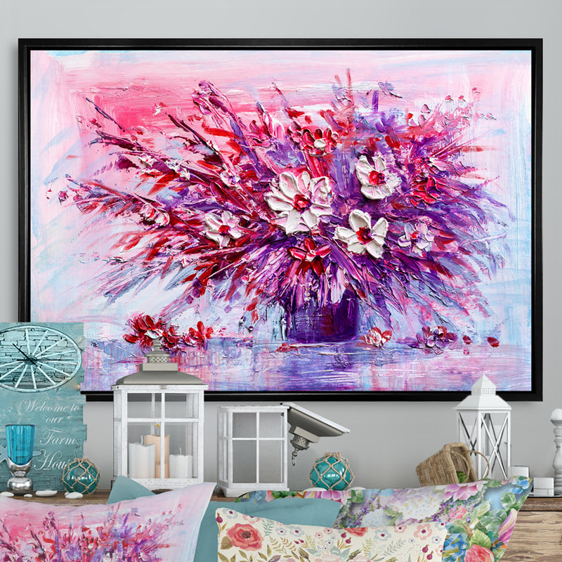 Bouquet mauve de Marguerite Daisy - art mural traditionnel sur toile, H 24 po x l 36 po x P 1 po