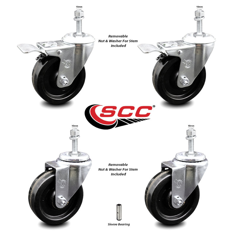 Swivel 10mm Threaded Stem Caster Set 2 Total Lock Brake SCC