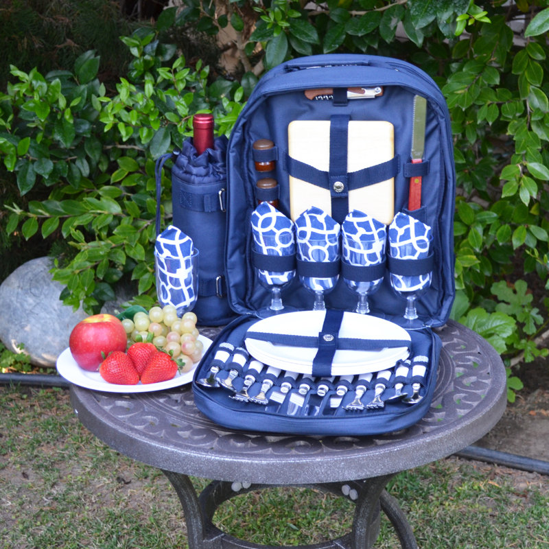 Trellis Blue Polycanvas Picnic Backpack with Wine Holder