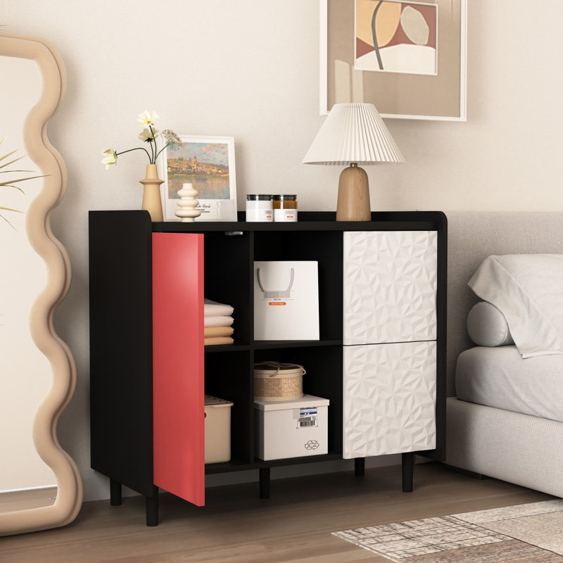 Buffet noir et rouge avec 2 tiroirs ouverts, Black/Red