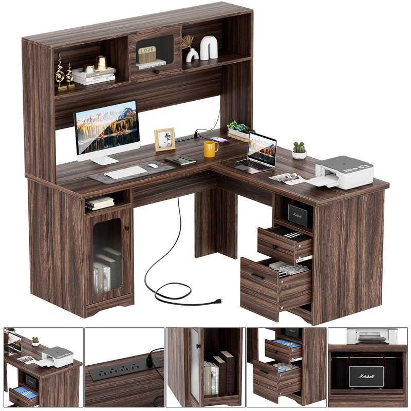 Black L-Shaped Executive Desk with Hutch and Power Outlet