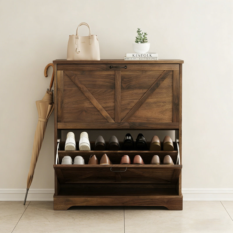 Premium Wooden Shoe Cabinet For Home, 37" H x 31.5" W x 9.5" D, Dark Brown
