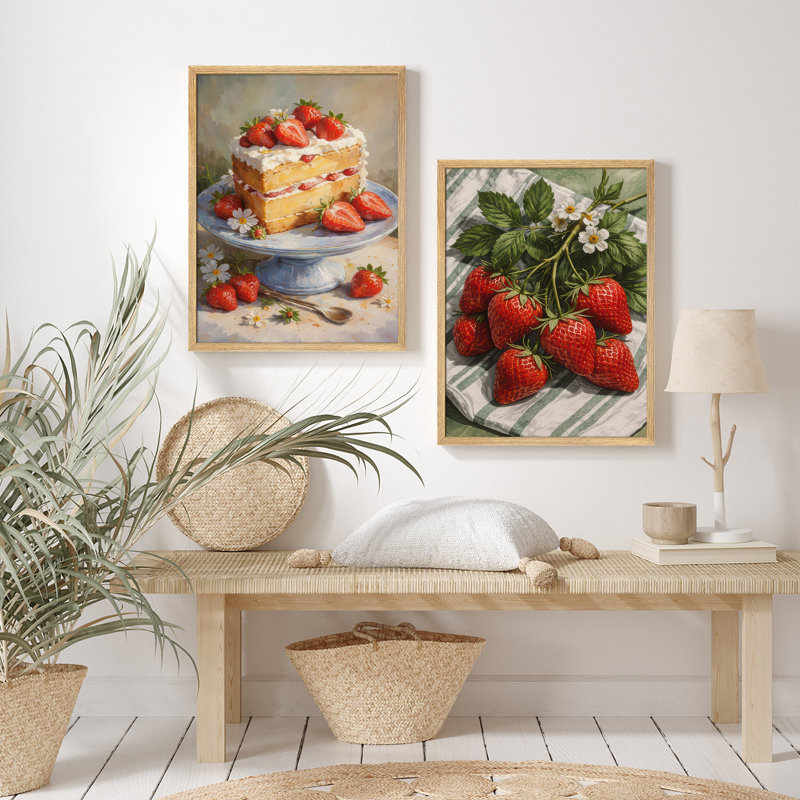 Strawberry Cake & Fresh Strawberries Framed Wall Art Prints Set of 2 - Dessert Still Life Kitchen Dining Room, Naturel