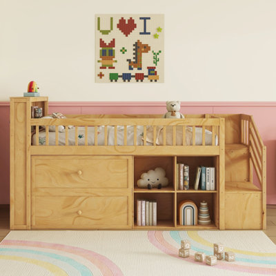 Twin Size Loft Bed With LED And Bookshelf, Wood Low Loft Bed With Stairs, Kids Twin Loft Bed With Storage Drawers And Shelves by Harriet Bee