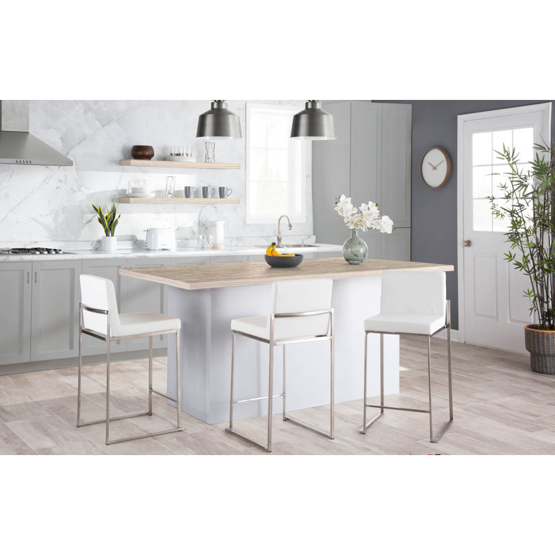 Tabouret de bar et de comptoir à dossier haut Brieon (ensemble de 3), Velours blanc / acier inoxydable