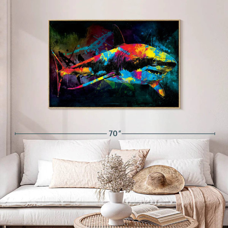 Grand requin blanc couleur grunge, Cadre flottant en bois naturel, 46 po x 31 po