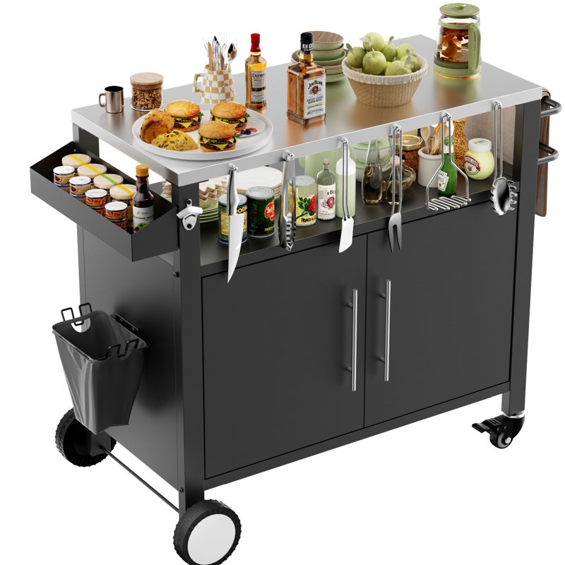 Table de barbecue extérieure noire avec rangement pour condiments et porte-serviettes en papier - gril pratique, îlot de cuisine portatif avec deux portes
