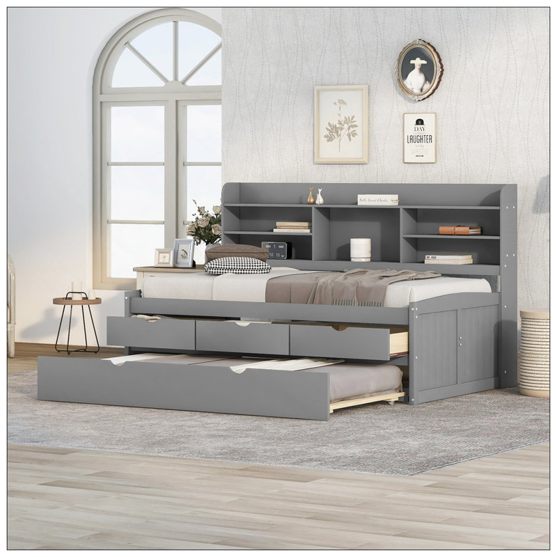 Lit capitaine simple en bois avec bibliothèque intégrée, trois tiroirs de rangement et lit gigogne, gris