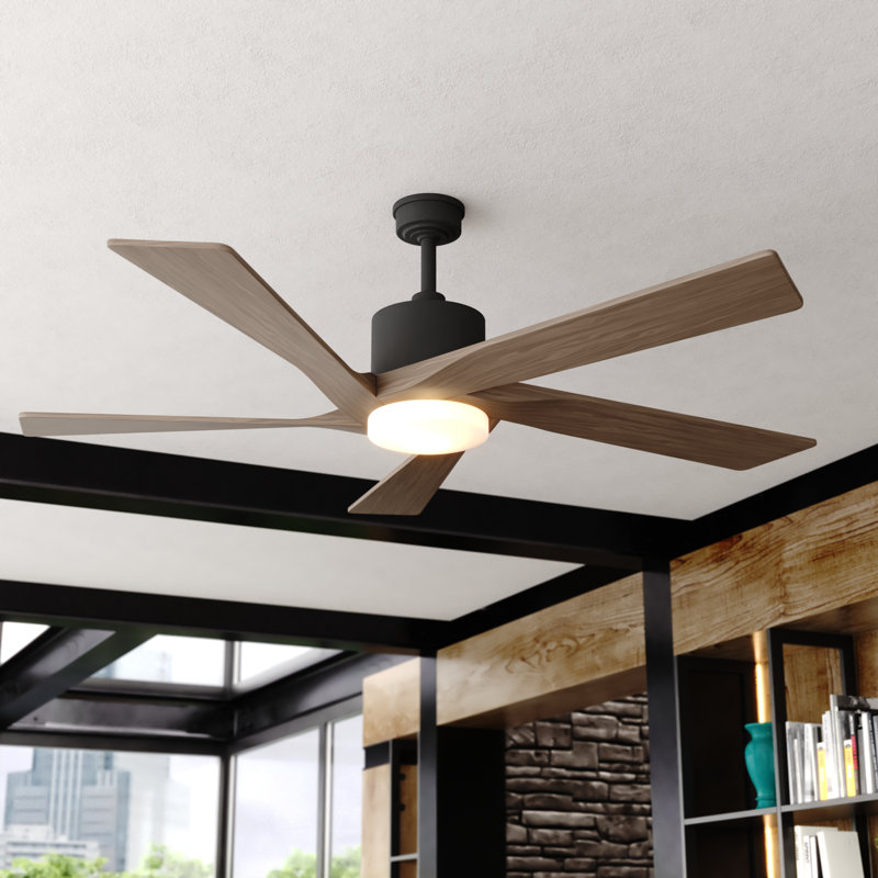 Darvis 60 in. Black Indoor Outdoor Rod Mount Contemporary Ceiling Fan with Dark Elm Blades, Dimmable Integrated LED Light Kit and Remote Control Included, 6 Speeds, Energy Efficient DC Motor
