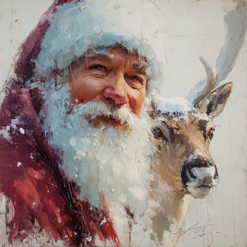Père Noël et renne dans la neige, art mural sur toile, H 20 po x l 20 po