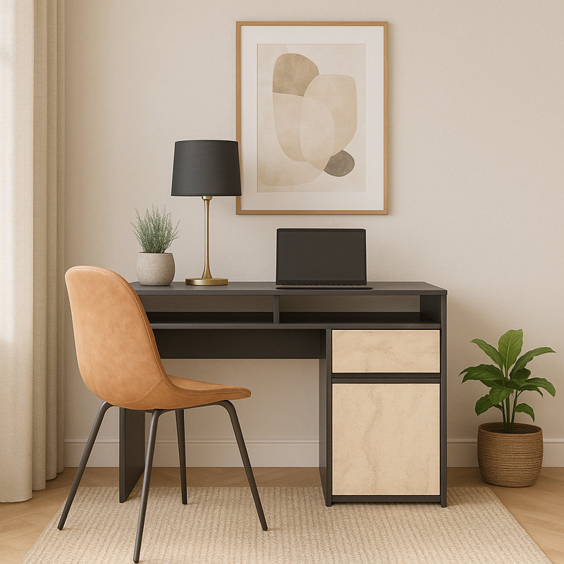 Isla 100cm W Writing Desk with Storage, Black/Beige