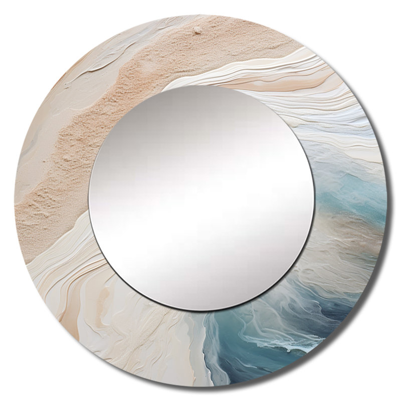 Vue aérienne de sable moderne bleu et beige Shamina - miroir décoratif sable de plage, miroir mural rond beige, impression d'art en métal