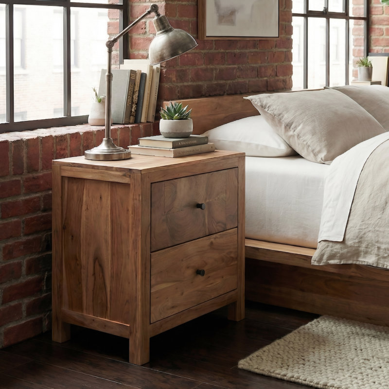 Solid Acacia Wood Tree Trunk 2-Drawer Nightstand