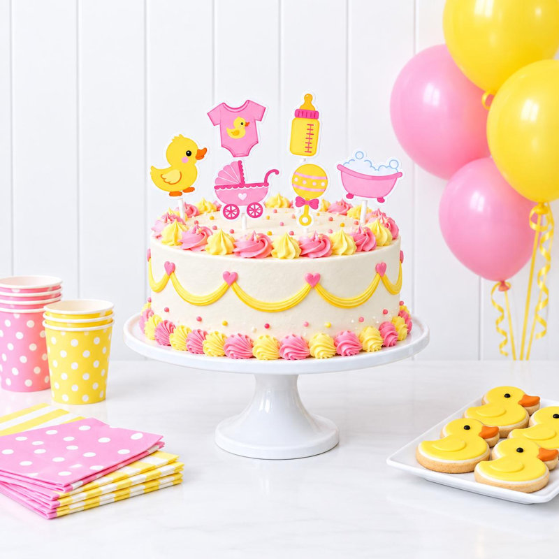 Petites décorations de gâteaux de petit canard, canards à hochet de transport de canard jaune et rose, choix de gâteaux de fête de naissance