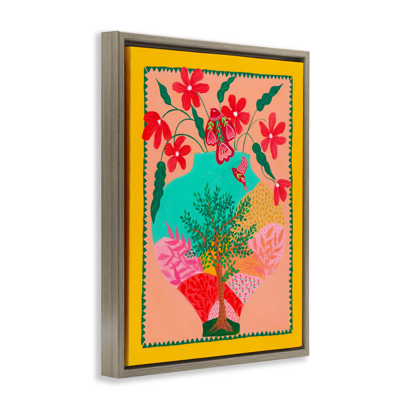 Folk Patterned Hope Vase Floating Frame, design by Nabeela Rumi, Montalcino Elm Floater Frame, 31" H x 25" W