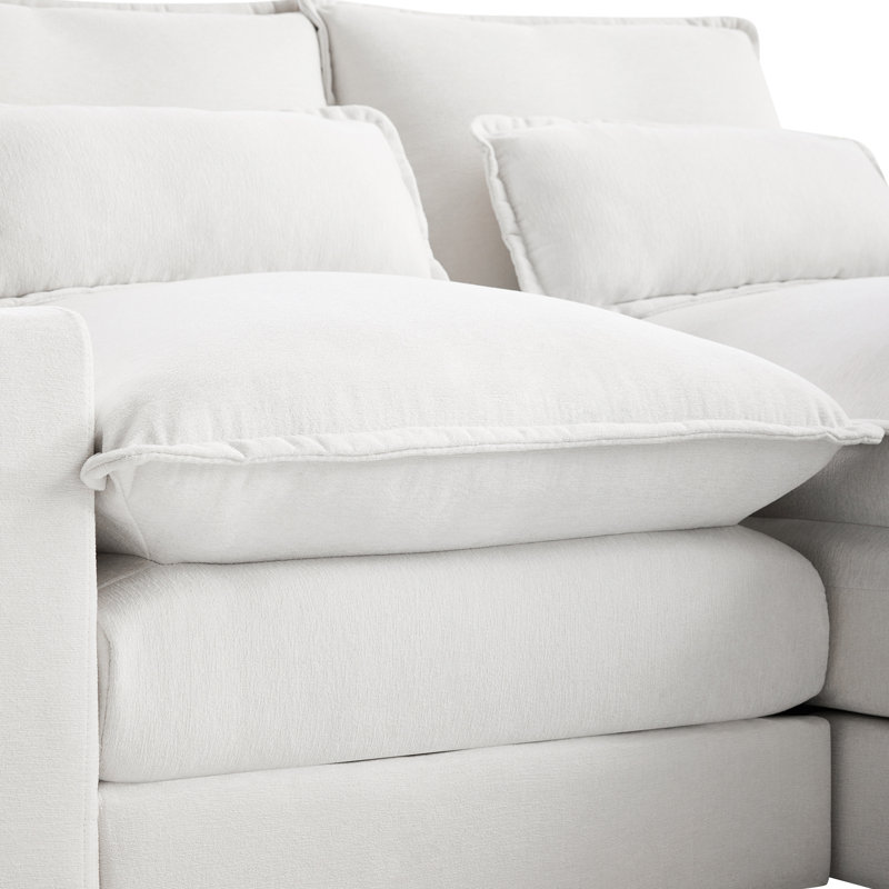 Structure en chenille beige avec console, structure solide, double coussin pour les moments de détente et structure stable en bois et fer
