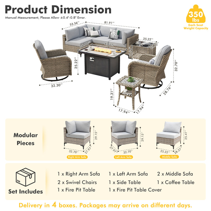 Ensemble de conversation pour patio 9 pièces avec foyer, table modulaire en osier, table basse éclairée et ensemble en rotin toutes saisons
