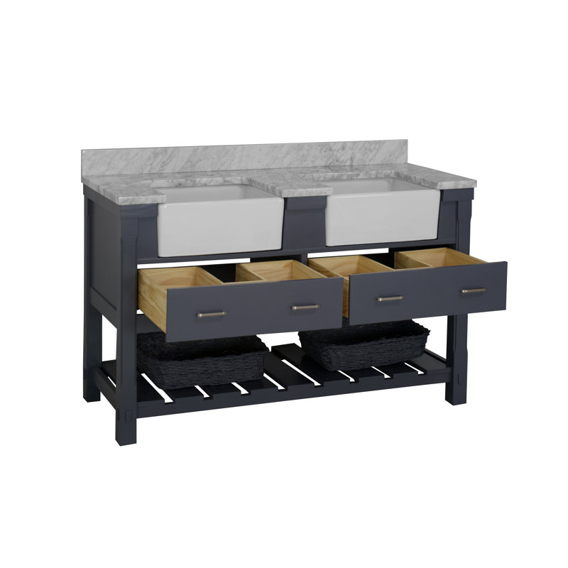 Ensemble de meuble-lavabo double 60 po Hitton, Gris marine, Carrara d'ingénierie
