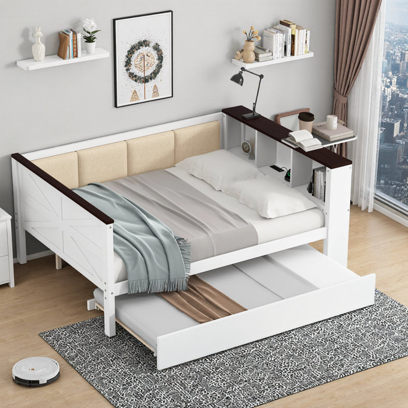 White Full Size Daybed with Storage Shelves, USB Charging Station, Upholstered Backrest & Trundle Bed, Full