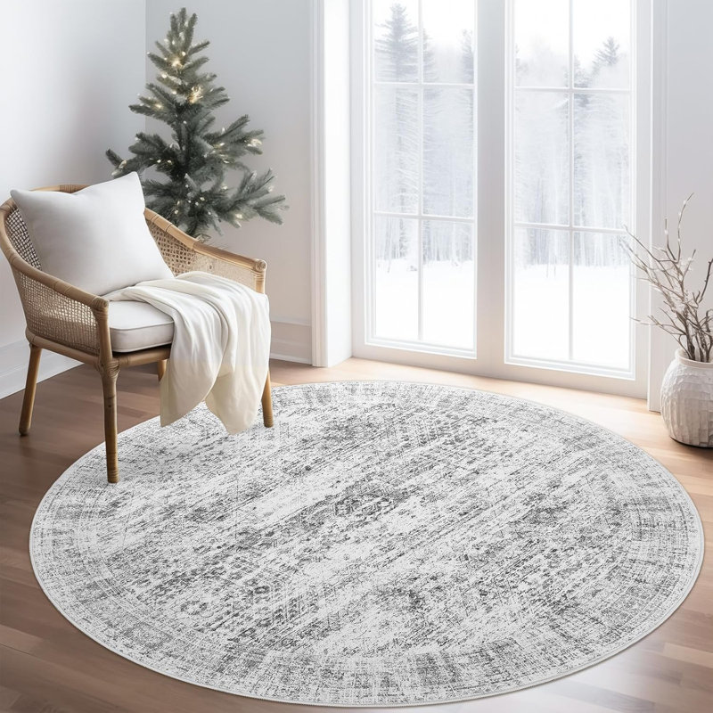 Tapis lavable rétro antidérapant (gris), Rond 5 pi