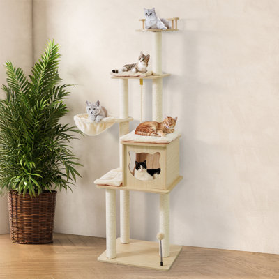 Arbre à chat 64 pouces à plusieurs niveaux avec condo et hamac, grande tour à chat en bois pour chats d'intérieur avec poteaux à griffer, coussin amovible et corde à mâcher suspendue