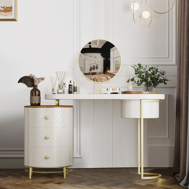  Commode de chambre à coucher avec miroir de coiffeuse éclairé et ensemble de table (tabouret non inclus), Blanc