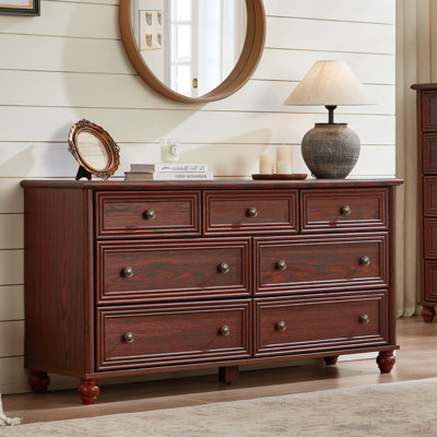 Commode 7 tiroirs pour chambre à coucher, commode en bois de ferme de 54 po de largeur, meuble télé de style rétro, organisateur de rangement rustique avec placard à poignées en métal pour le salon, couloir