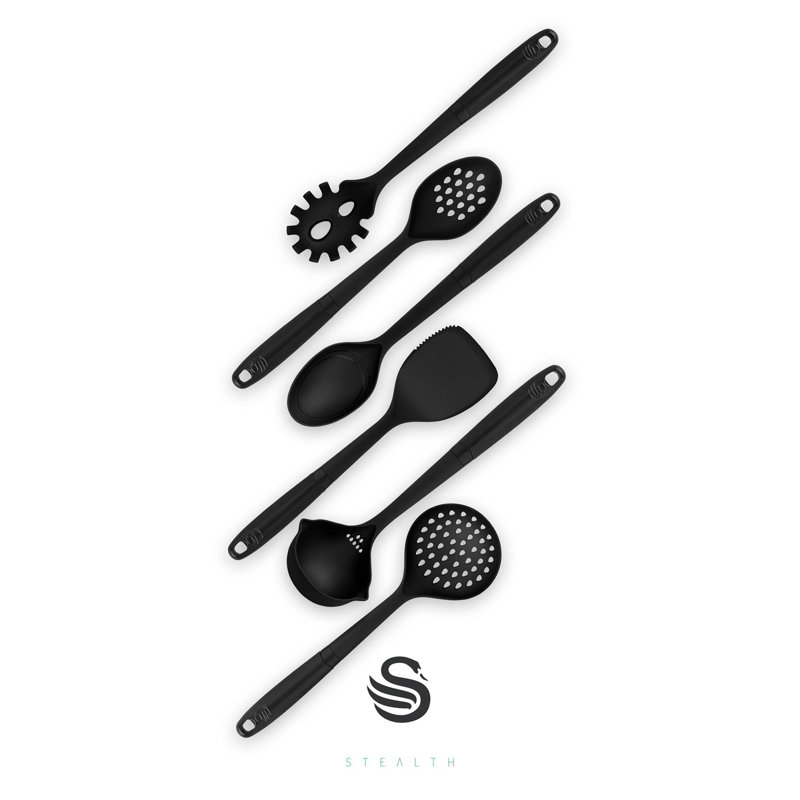 Swan SWKA61011 Stealth 6 Piece Kitchen Tool Set, Spaghetti Server, Solid Spoon, Slotted Spoon, Solid Turner, Ladle, Skimmer, Soft Touch Handles, Hanging Holes