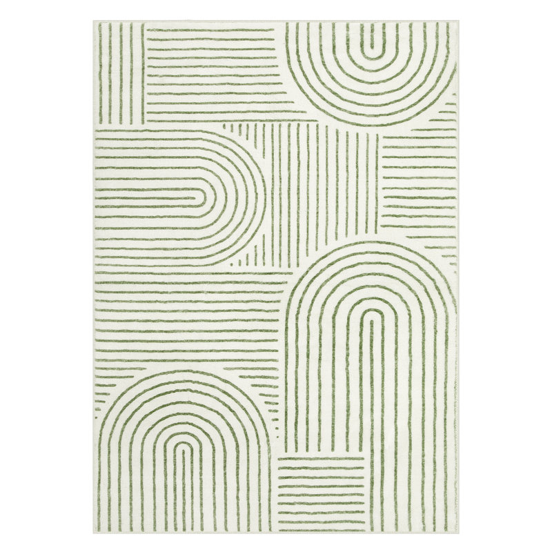 Celeta Washable Abstract Japandi Rainbow Striped Green Area Rug - Colorful Modern Carpet for Living Room, Bedroom, or Office Decor