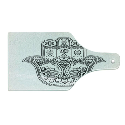 Ambesonne Hamsa Tempered Glass Cutting Board Fish Flowers Evil Eye Black White