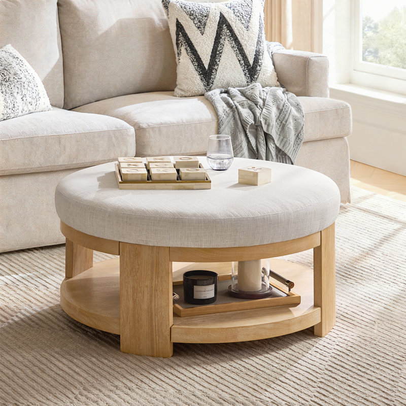 Kat Modern 40" Round Cocktail Ottoman with Solid Wood Legs, Ivory