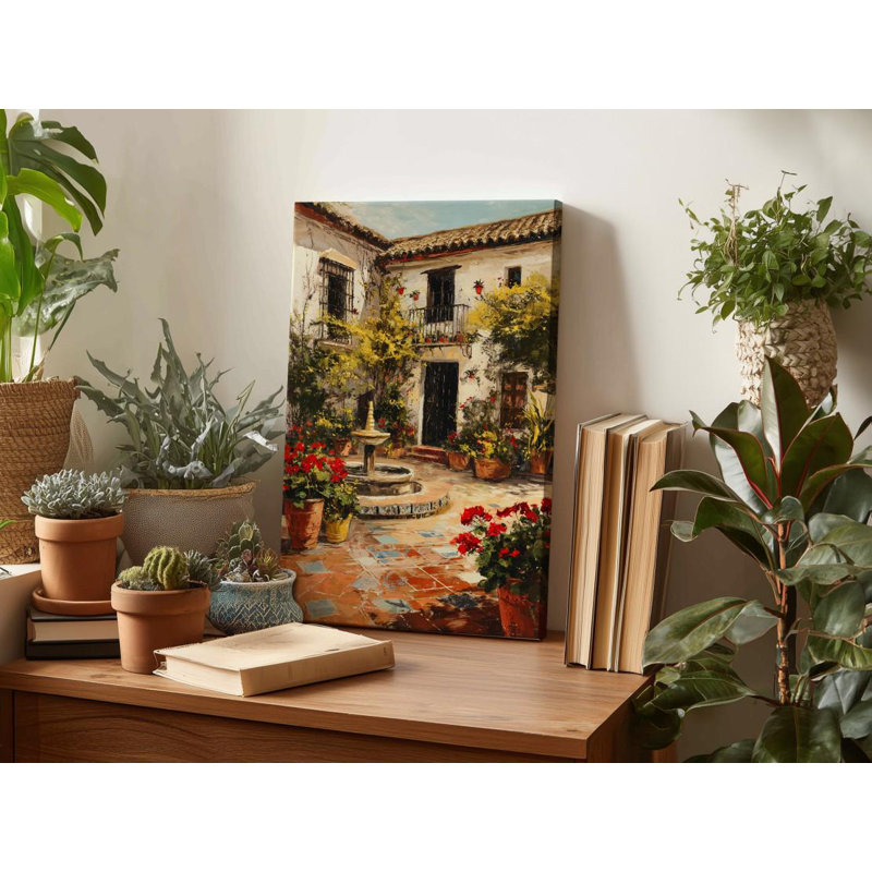 Art sur toile, "Cour espagnole": Villa méditerranéenne avec géraniums, H 60 po x l 40 po