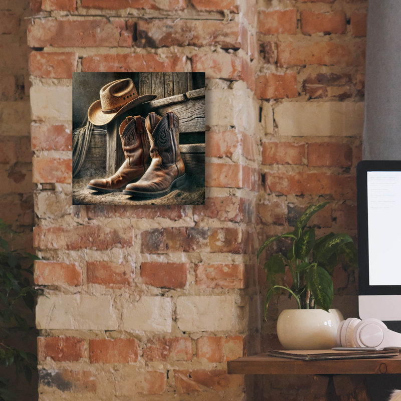 «Wester Style Decor Cowboy bottes and Hat» par Rey Klimt, art mural sur toile, H 12 po x l 12 po
